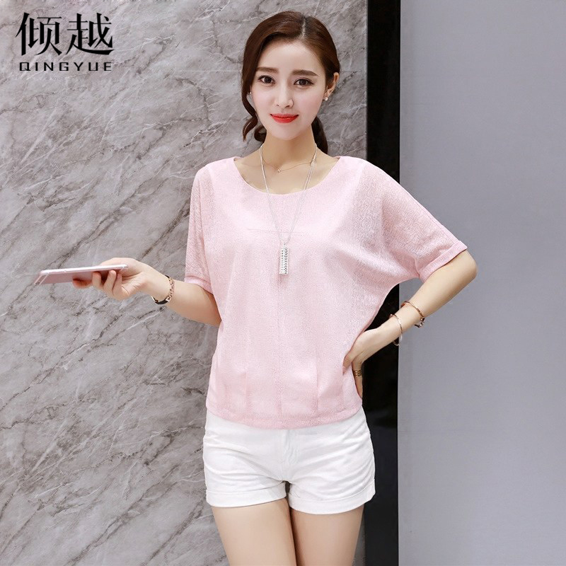 2017新款韓版圓領蝙蝠袖雪紡衫短袖女夏季純色大碼寬松顯瘦上衣女