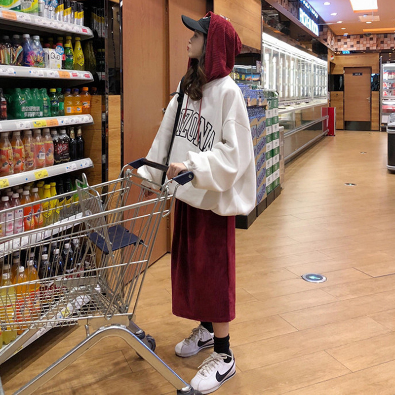 韓版時尚休閑套裝秋冬女裝字母刺繡連帽加絨衛衣+半身長裙兩件套