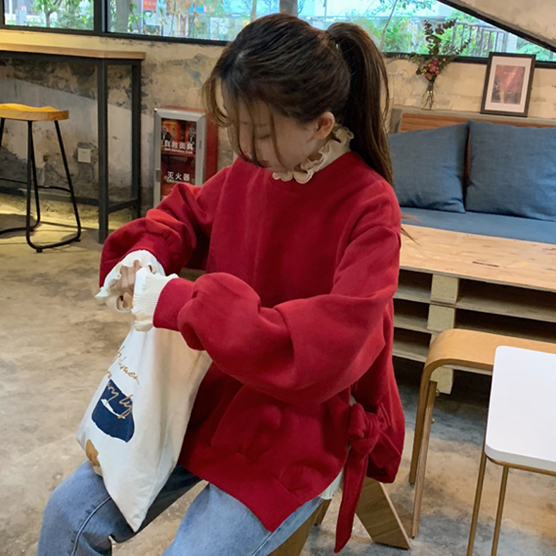 秋冬韓版慵懶風寬松加絨加厚側綁帶衛衣上衣外套+小高領打底衫女