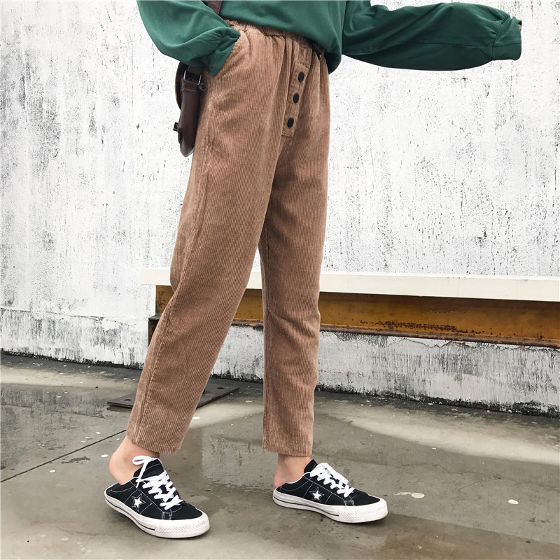 秋冬韓版松緊腰燈芯絨褲子高腰寬松哈倫褲休閑褲直筒褲長褲學生女