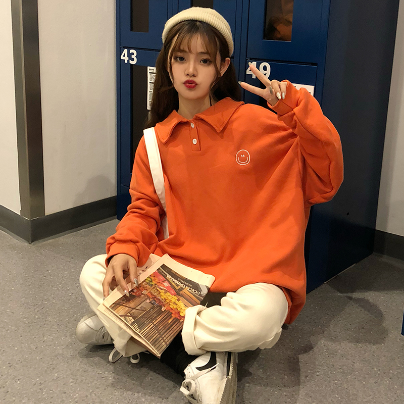 2018新款秋冬韓版寬松卡通笑臉加絨加厚polo領套頭衛衣上衣外套女