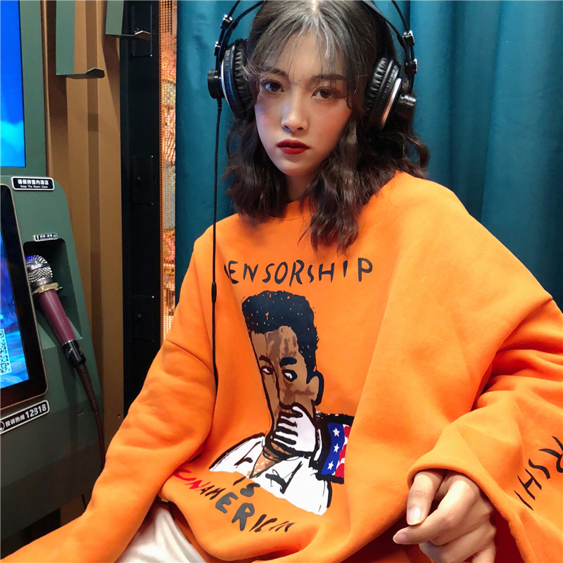 秋冬女裝韓版中長款寬松原宿風字母卡通加絨加厚套頭衛衣上衣外套