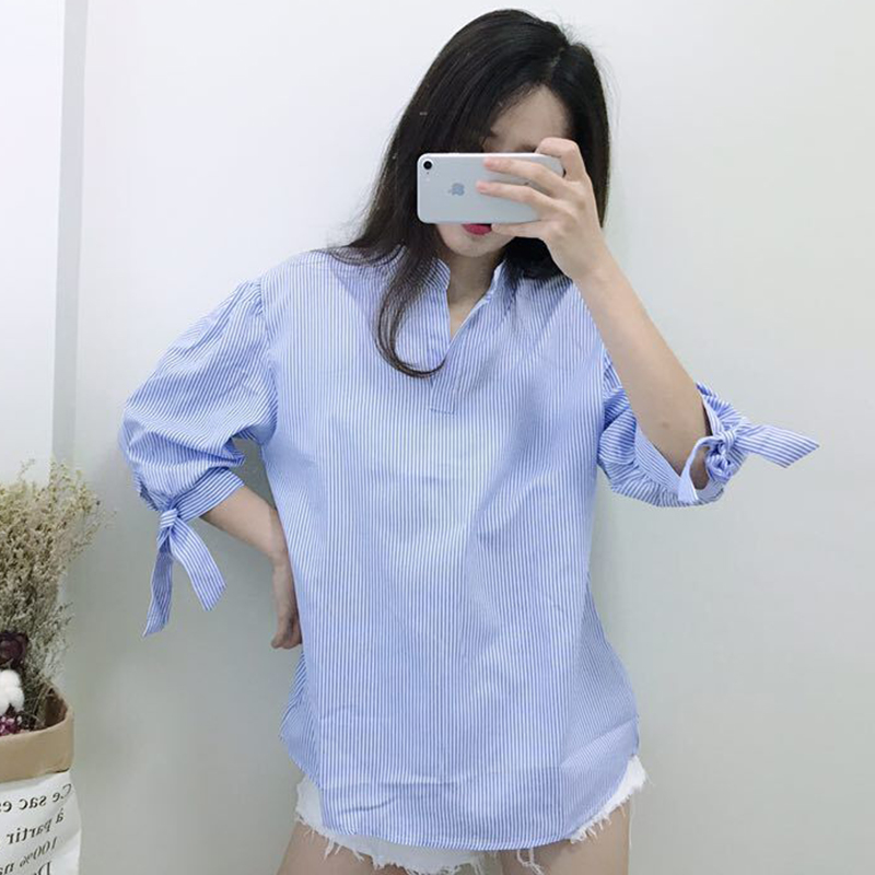 時尚條紋學院風系帶長袖襯衫秋冬新款冷系女裝薄外套V領寬松上衣