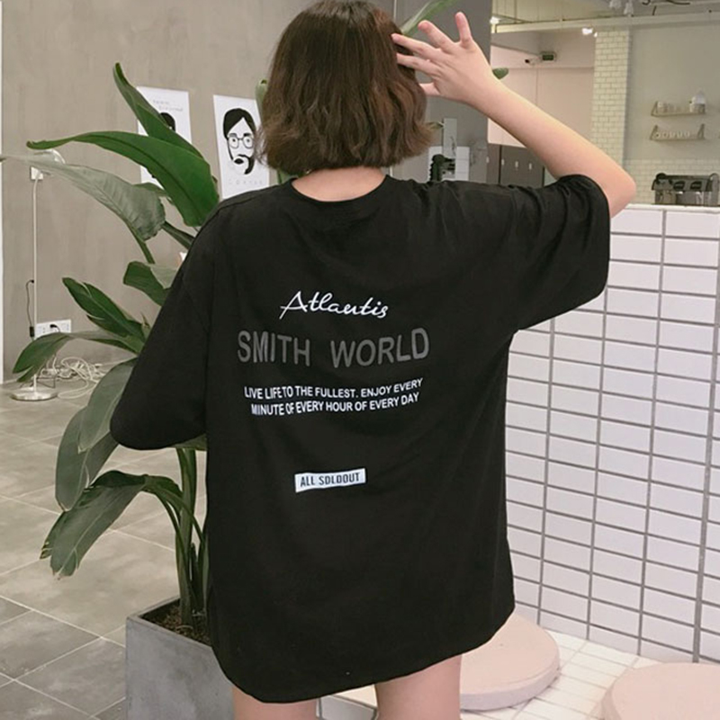 夏季新款女裝中長款簡約復古字母印花寬松顯瘦學生短袖T恤上衣女