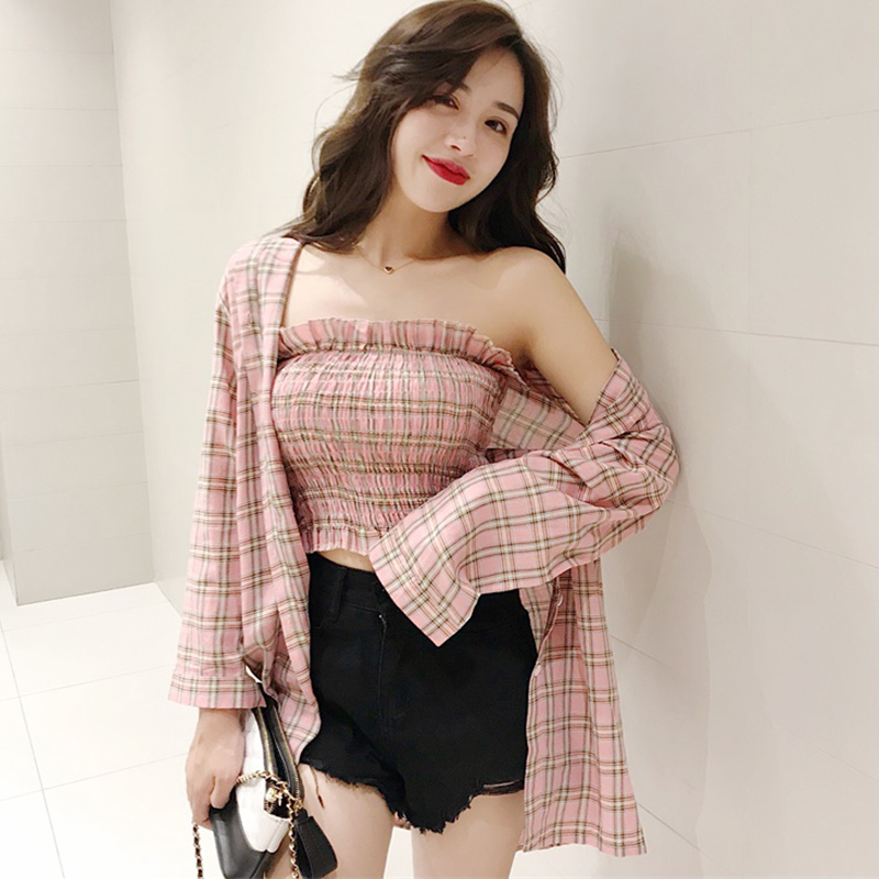早秋新款女裝復古寬松格子襯衫防曬外套+木耳邊裹胸抹胸兩件套裝