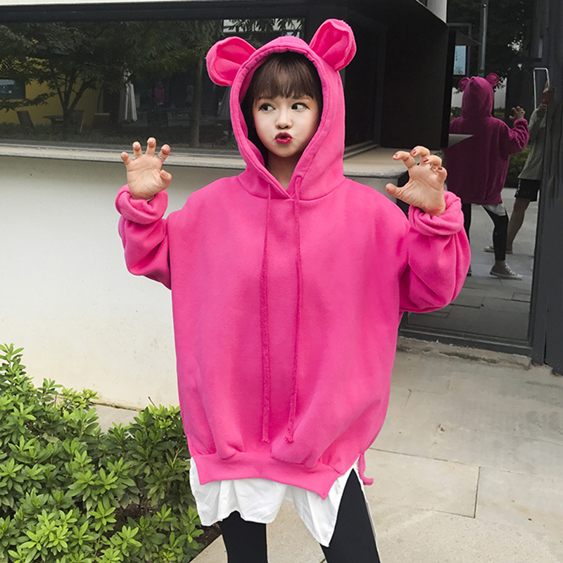 可愛熊耳朵加絨連帽衛衣秋冬女裝新款開叉假兩件外套寬松長袖上衣