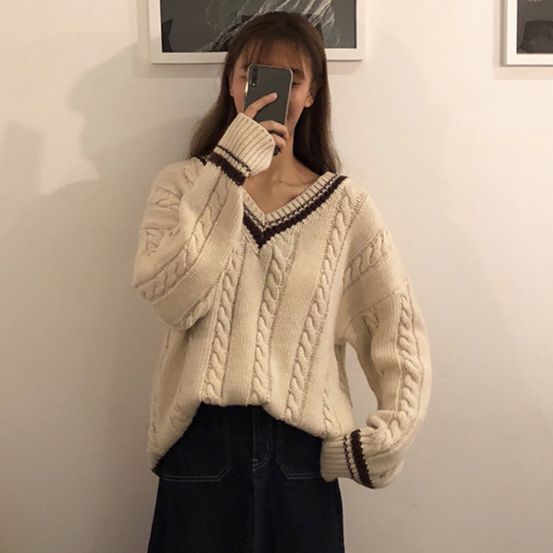 女冬裝2018新款韓版寬松V領撞色麻花毛衣外套學生休閑長袖針織衫