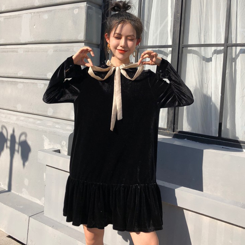 法式絲絨egg連衣裙女秋冬裝2018新款韓版前后兩穿荷葉邊中長裙子