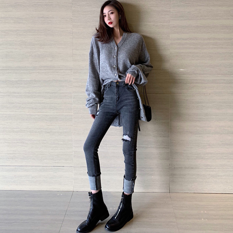 秋冬2018新款套裝女寬松長袖毛衣針織外套高腰顯瘦鉛筆牛仔長褲子