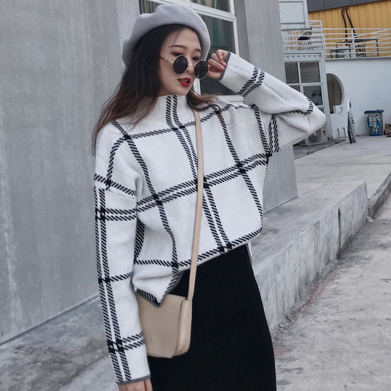 高領格子慵懶毛衣女秋冬裝2018新款寬松針織外套學生休閑長袖上衣