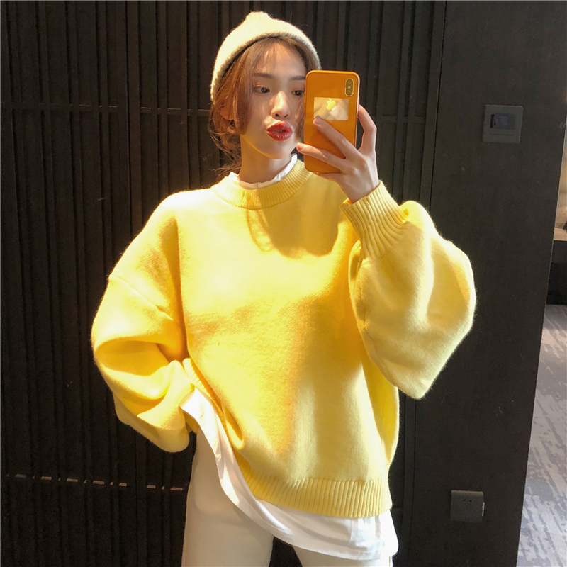 燈籠袖假兩件拼接毛衣女秋冬2018新款潮+撞色復合寬松蘿卜褲套裝