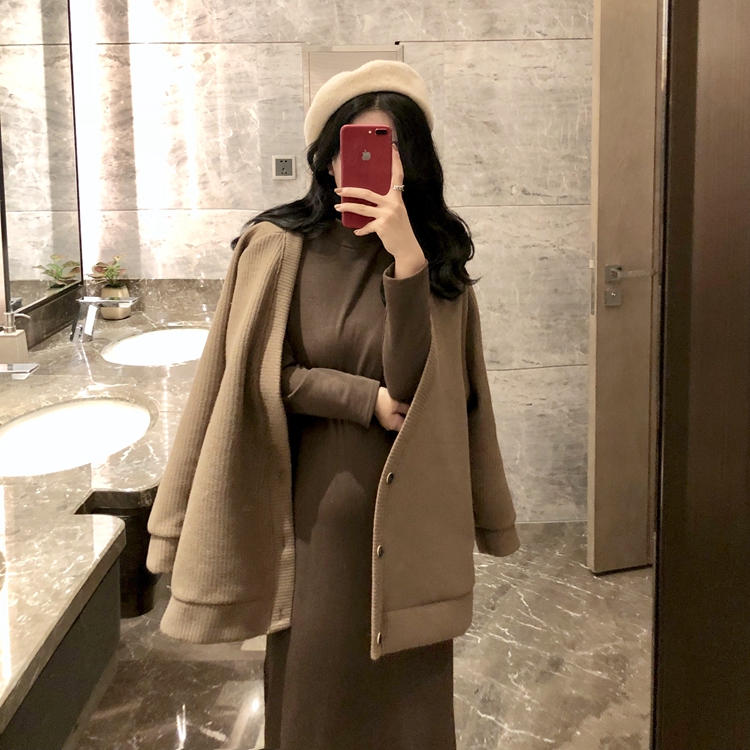 冬裝新款女2018新款套裝呢子寬松百搭外套＋半高領連衣裙女兩件套