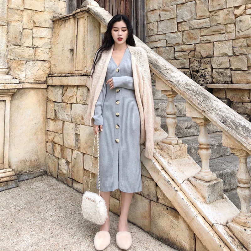 時尚套裝新款韓版秋冬毛衣外套溫柔風中長款單排扣針織裙兩件套女