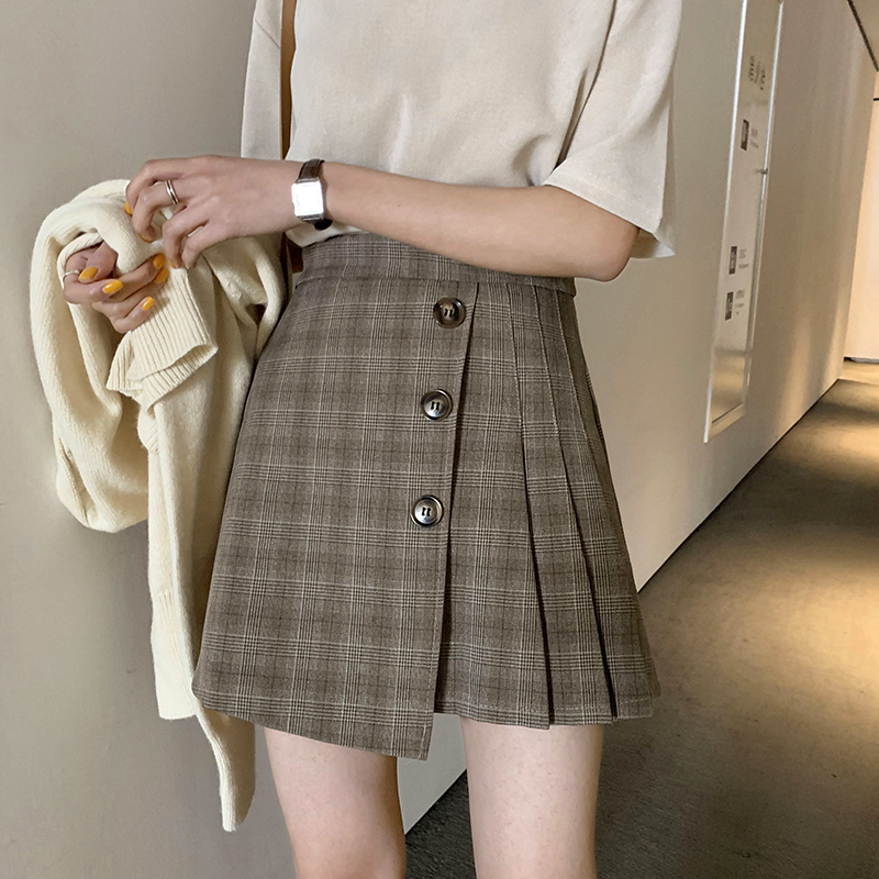 A7seven格子半身裙女2019春裝新款韓版A字高腰黑色顯瘦百褶短裙子