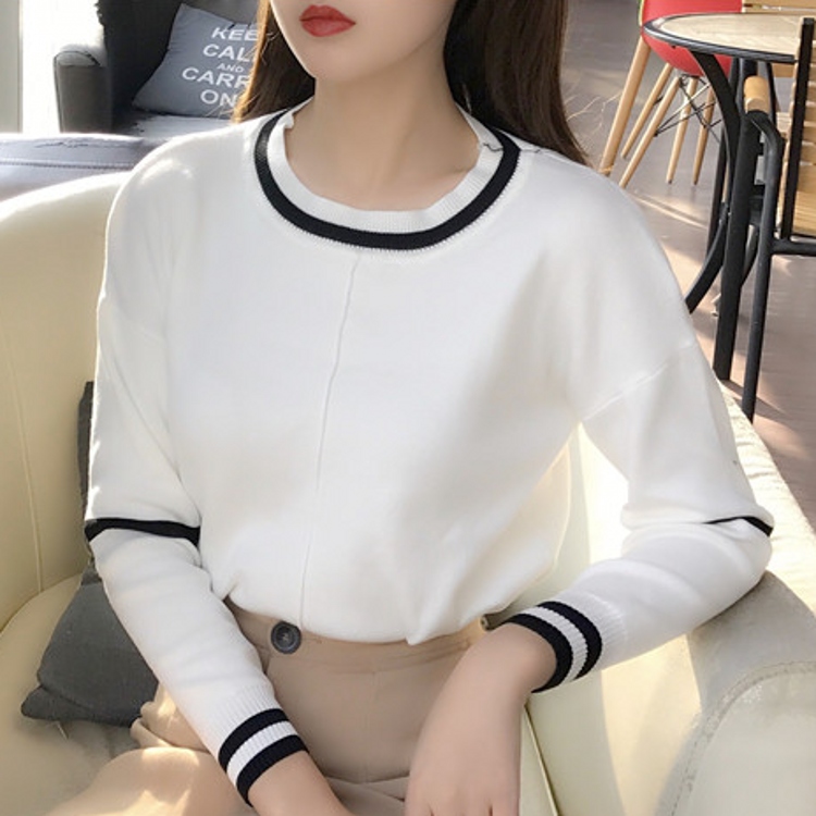 韓國秋冬款百搭撞色線條套頭螺紋圓領修身長袖打底衫針織衫女