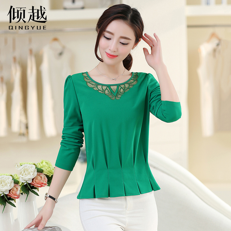 2017春裝新款蕾絲拼接鏤空上衣女衫百搭長袖雪紡衫女修身打底小衫