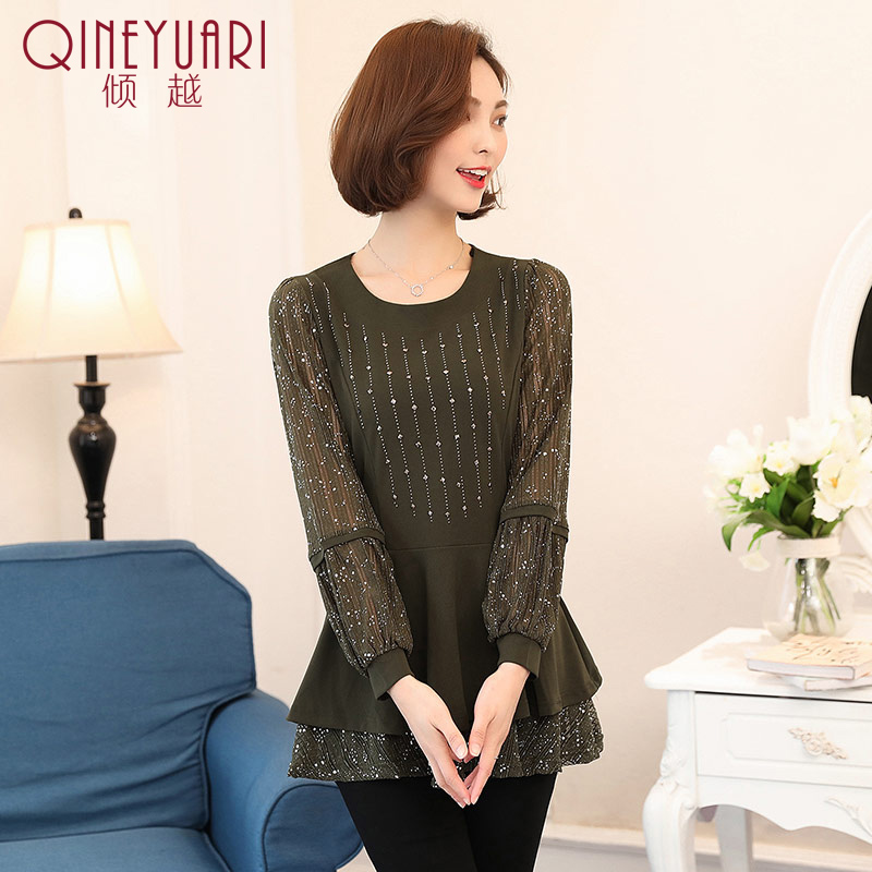 傾越2017春裝新款女裝潮蕾絲打底衫女士長袖中長款春季雪紡衫上衣