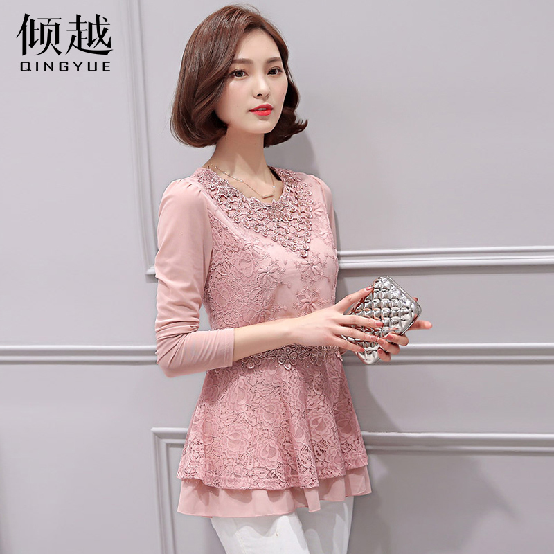 傾越2017春款女裝中長款蕾絲衫鑲鉆鏤空打底衫修身顯瘦雪紡上衣潮