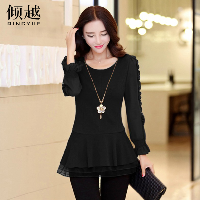 2017春秋新款女裝上衣長袖雪紡衫中長款打底衫韓版修身荷葉邊小衫