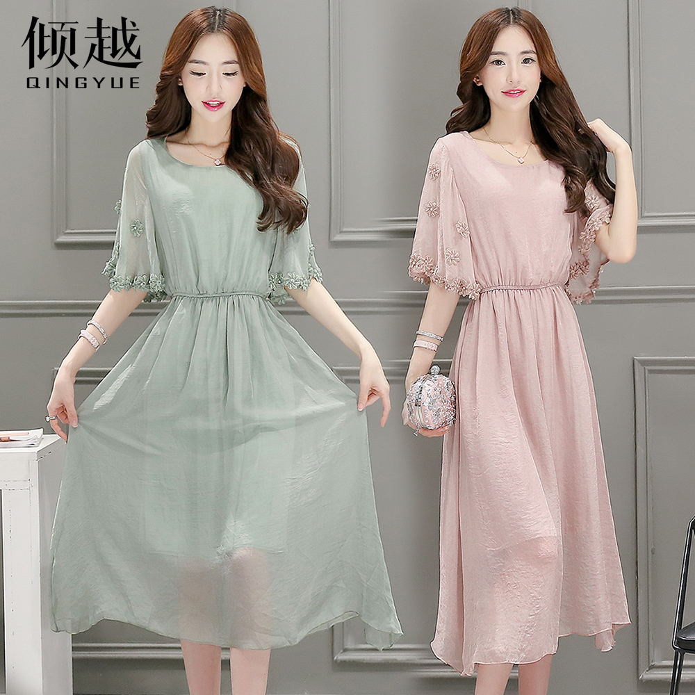 仙裙子飄逸連衣裙夏2017新款女柔美雪紡韓版純色氣質淑女大擺長裙