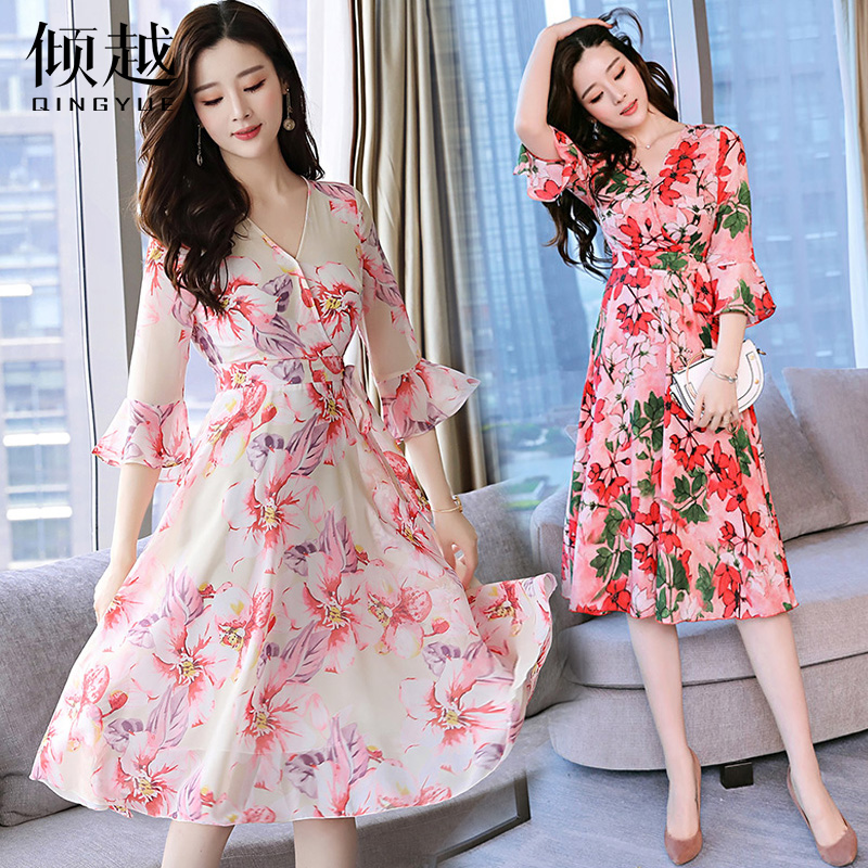 裙子女夏2017中長款連衣裙女大碼女裝碎花雪紡裙韓版顯瘦沙灘裙女