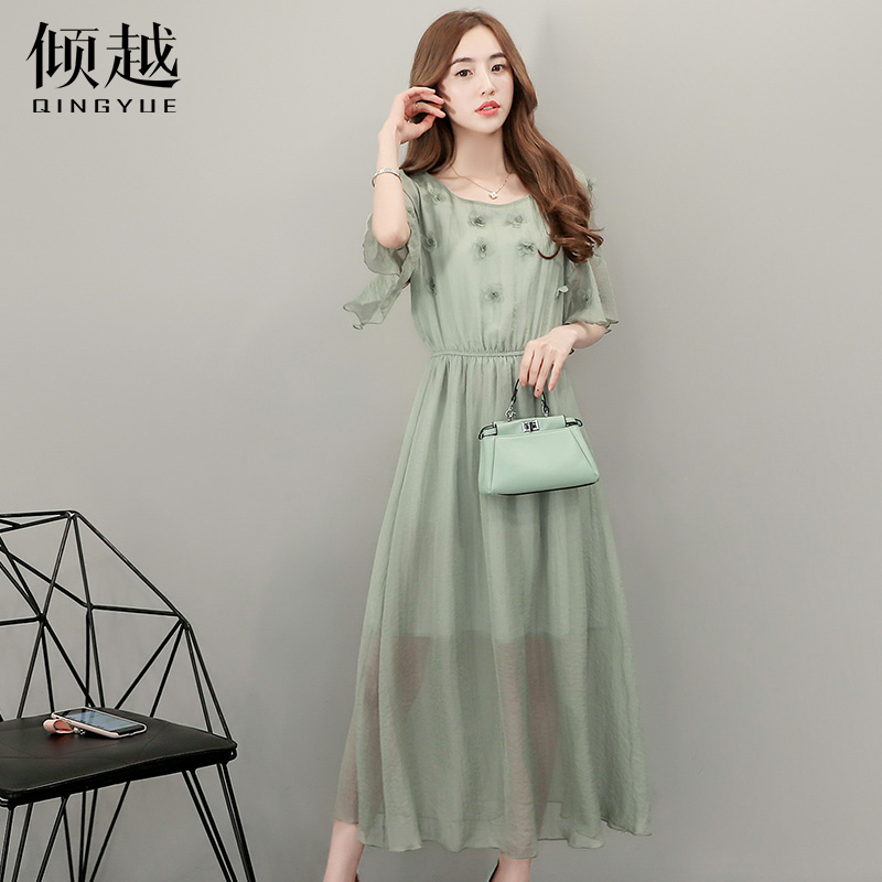 2017夏季新款韓版雪紡連衣裙女中長款短袖沙灘裙修身顯瘦裙子長裙