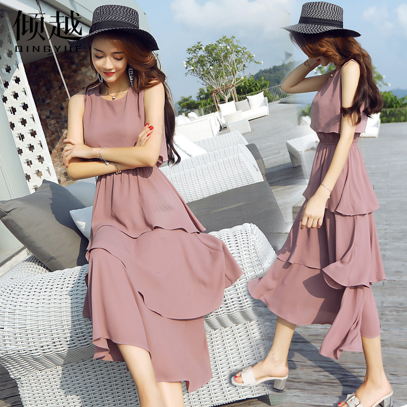 雪紡連衣裙2017新款女夏無袖顯瘦蛋糕蓬蓬裙長款小仙女氣質淑女潮