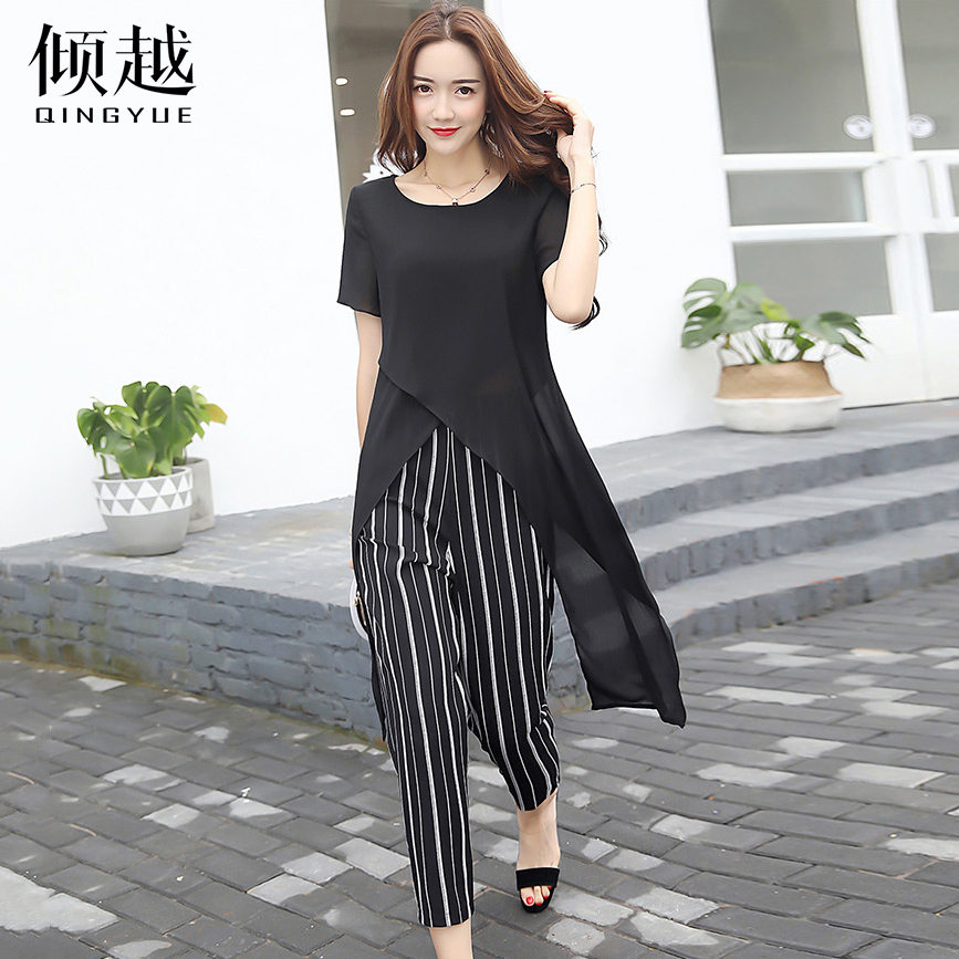 傾越2017新款夏季女裝復古歐洲站套裝時尚韓版條紋九分褲兩件套潮