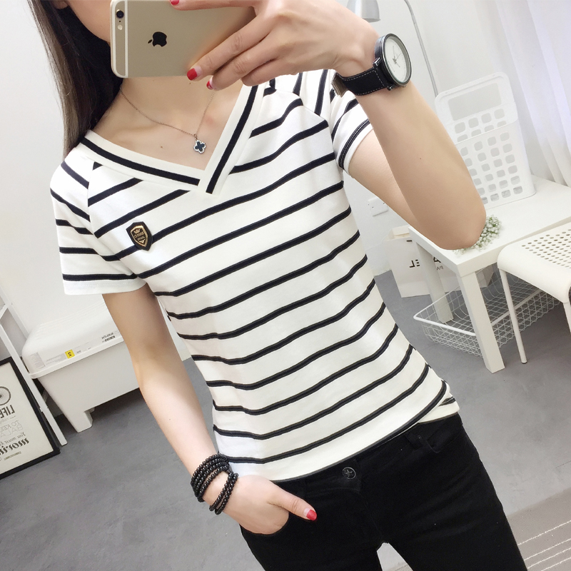 女裝2017新款純棉條紋短袖t恤女夏季新款V領半袖體恤女打底衫上衣