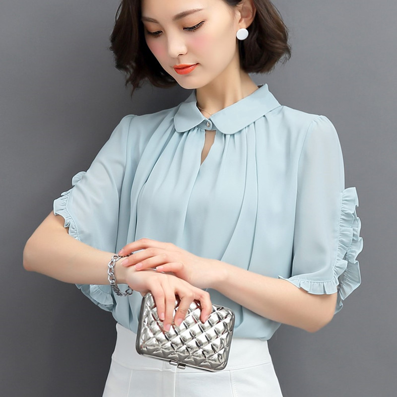 春裝2017新款女夏季女裝大碼雪紡衫短袖上衣女夏寬松喇叭袖娃娃領