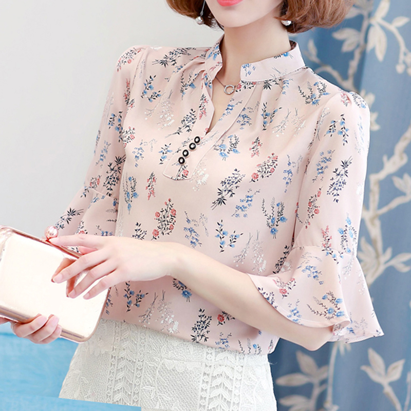 夏新款短袖V領雪紡衫喇叭袖襯衫T恤上衣花色打底衫寬松大碼女