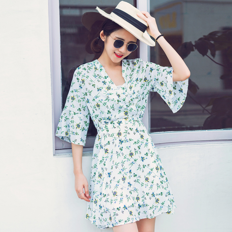 夏裝新款韓版女裝復古文藝碎花連衣裙中長款系帶收腰顯瘦裙子