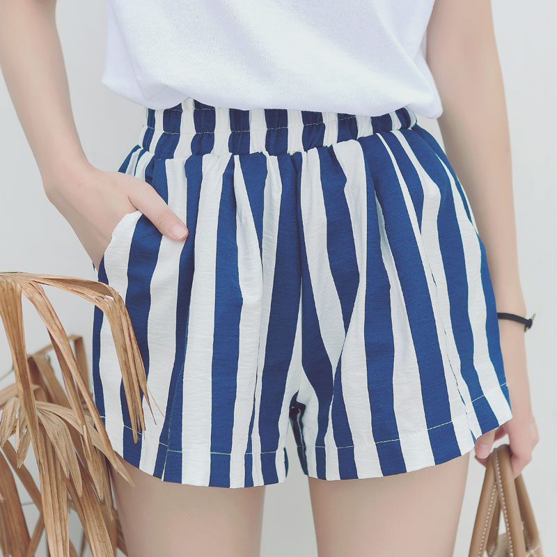 夏裝新款韓版女裝高腰顯瘦闊腿熱褲百搭豎條紋寬松休閑短褲潮