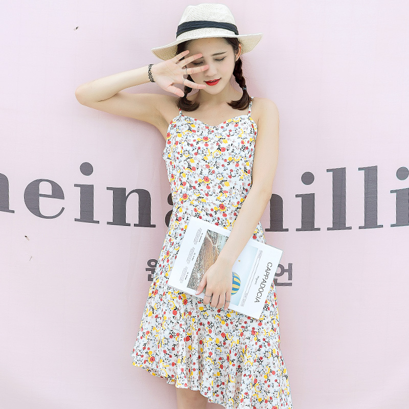 夏裝新款韓版女裝碎花吊帶連衣裙不規則下擺顯瘦中長款裙子潮