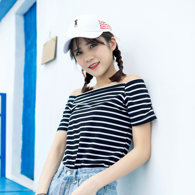 條紋短袖t恤女夏裝新款韓版寬松學院風百搭一字肩體恤上衣潮