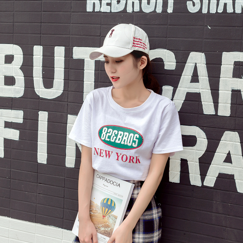 夏裝新款女裝韓版百搭圓領學生T恤簡約字母印花寬松bf風上衣