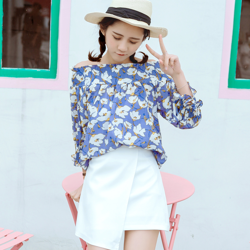 韓版夏裝新款甜美露肩一字領露肩碎花雪紡衫寬松小清新上衣潮