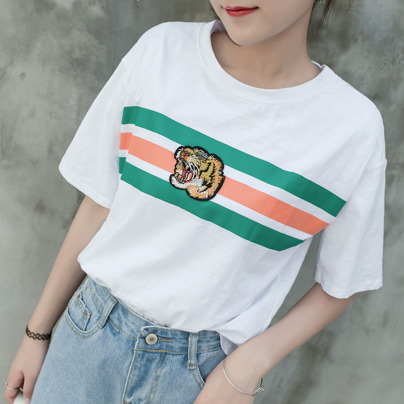 夏裝新款女裝上衣韓版圓領短袖條紋老虎刺繡T恤女學生體恤潮