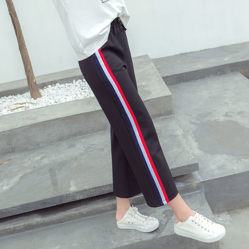 春季新款休閑寬松韓版撞色拼接百搭直筒九分褲校服褲運動褲潮