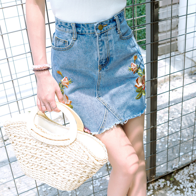 牛仔裙夏裝女新款韓版學生刺繡高腰包臀短裙百搭學生半身裙潮