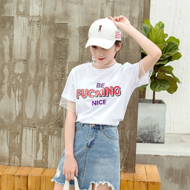 春夏季新款女裝韓范學生T恤圓領字母印花短袖網紗拼接上衣潮