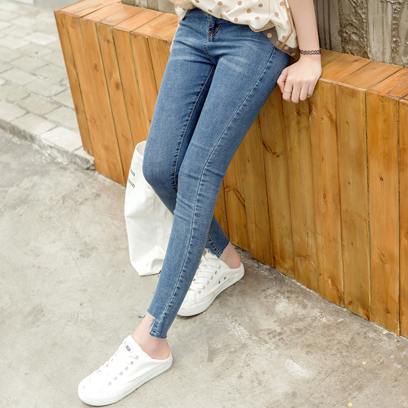 春秋款高腰彈力小腳鉛筆毛邊褲韓版修身九分褲緊身牛仔長褲