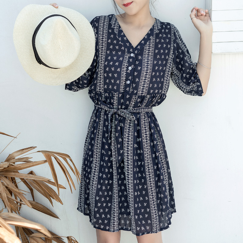 新款女裝夏裝韓版寬松連衣裙藍色印花復古短袖V領中長款裙子