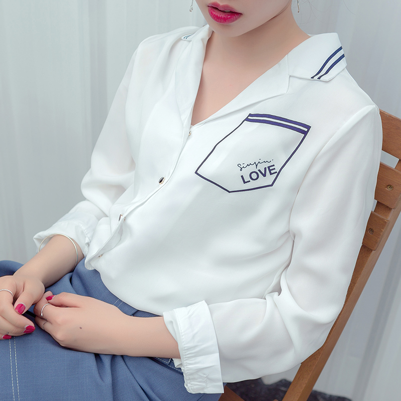春裝新款時尚韓版女裝修身顯瘦V領上衣長袖百搭白襯衣襯衫潮