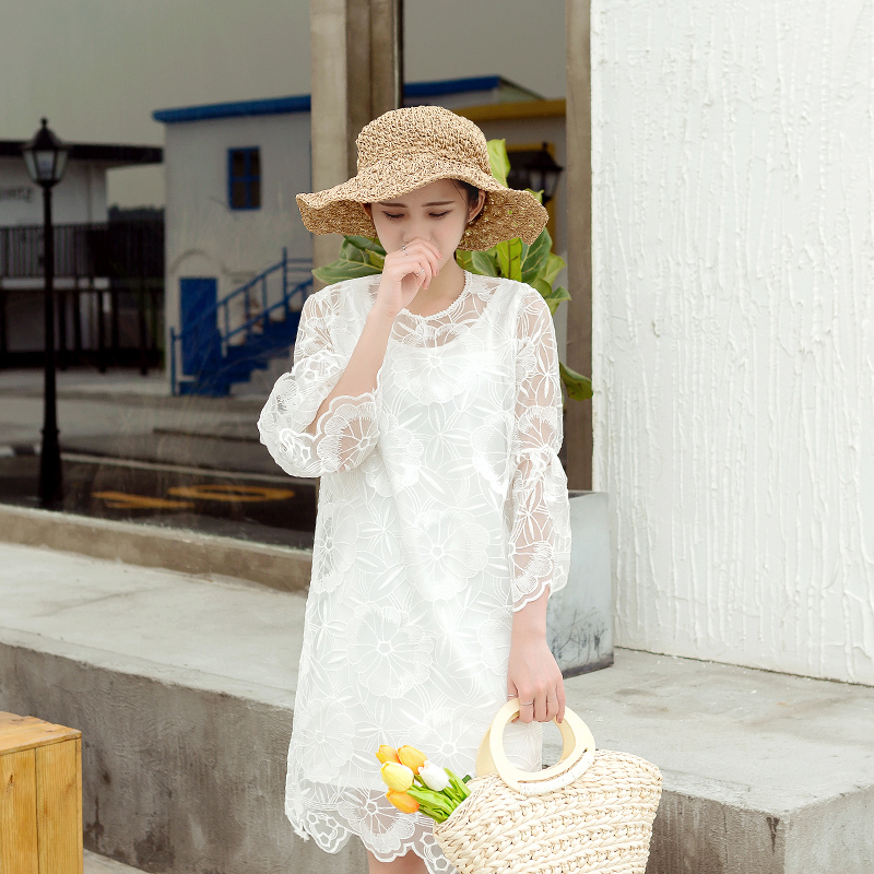 白色連衣裙春夏裝新款韓版女裝鉤花鏤空蕾絲寬松兩件套裙子潮