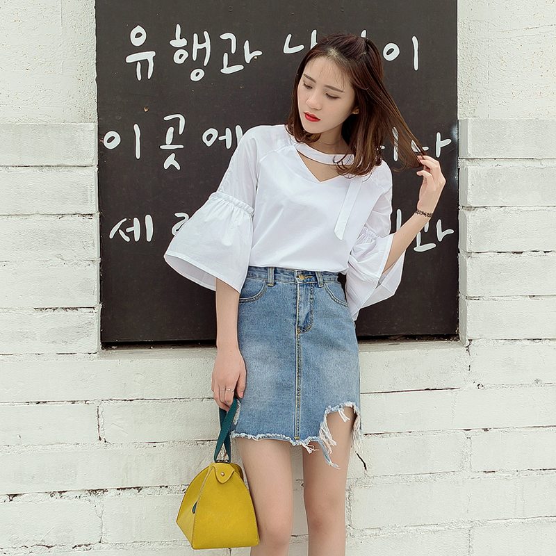 夏新款韓范簡約寬松V領休閑百搭打底喇叭袖襯衫顯瘦潮