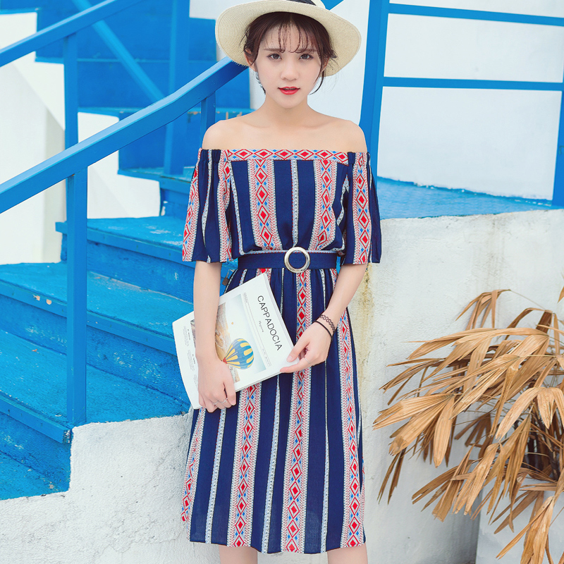 夏裝新款韓版女裝文藝寬松條紋復古連衣裙一字領短袖露肩裙子