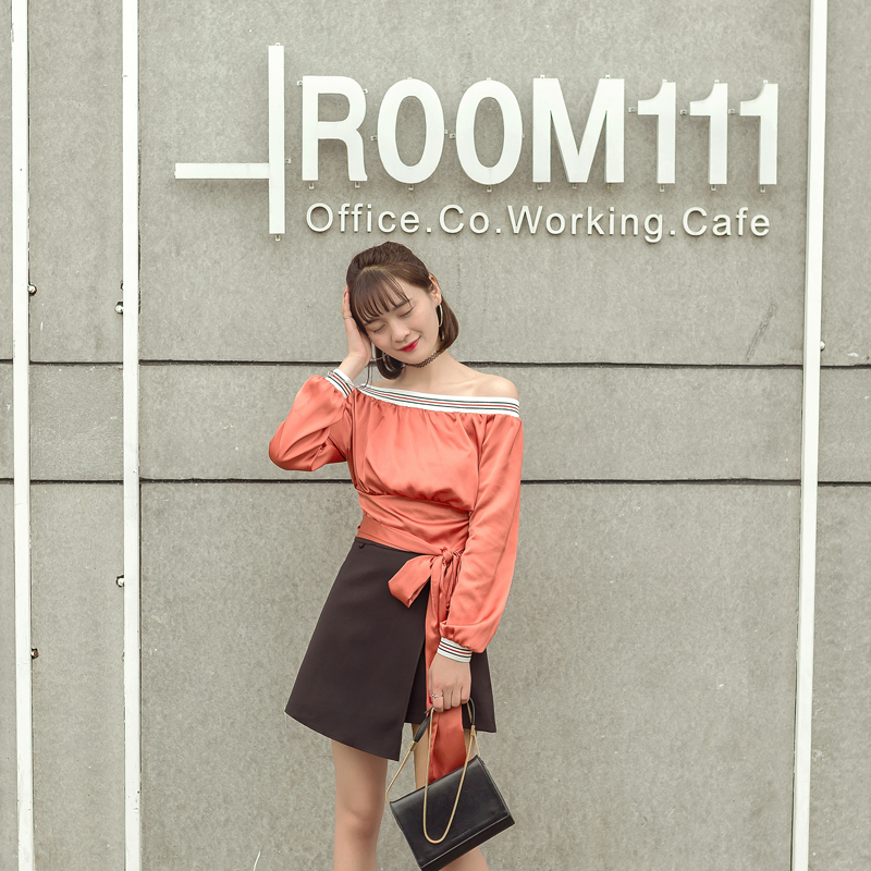 春夏裝新款韓版女裝襯衫長袖學院風系帶一字領露肩襯衣上衣潮