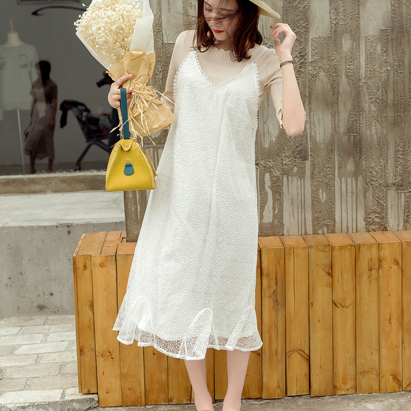 吊帶連衣裙女夏季新款韓版女裝蕾絲學生小清新白色中長款裙子