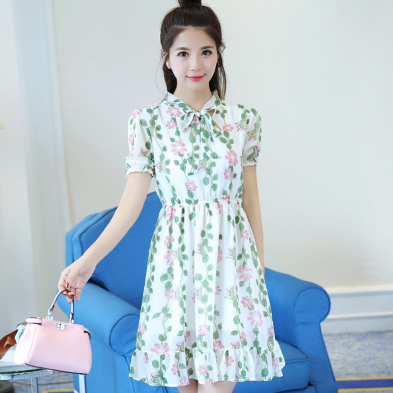 夏季女裝新款時尚修身韓版碎花雪紡a字連衣裙收腰中長款短袖